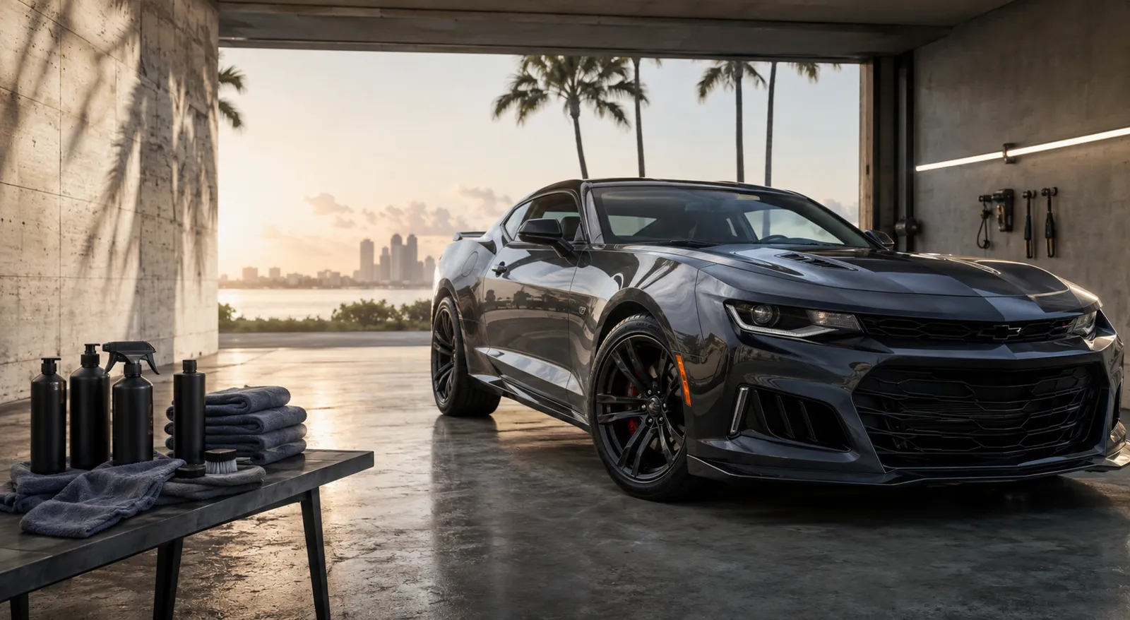 Freshly detailed graphite performance car in a Miami studio
